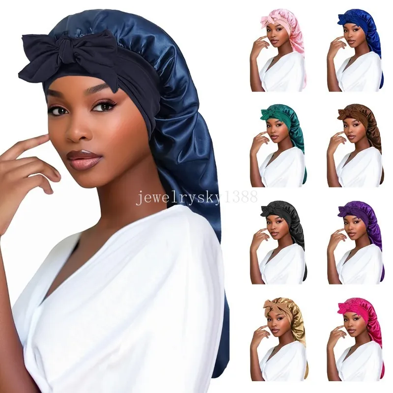 Soft Soft Silky Long Satin Bonnet Cape de couchage Femmes Capiles de cheveux élastiques avec nœud papillon pour un sommeil nocturne confortable