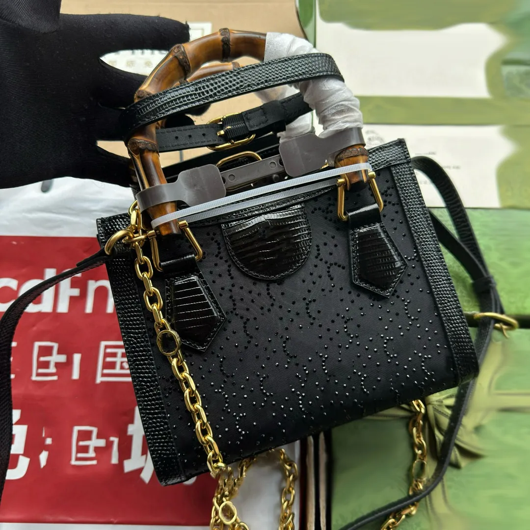 mini siyah elmas kaplı tote çanta çanta çantaları bambu çift saplı altın metal harf dekorasyon omuz çantası büyük kapasiteli moda tarzı tasarım telefon çantası