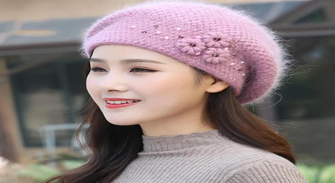 Beretten Beret Women Hat Angora Winter Warm Flower Zachte dubbele lagen Thermische sneeuw Outdoor Accessoire Female305L5818516