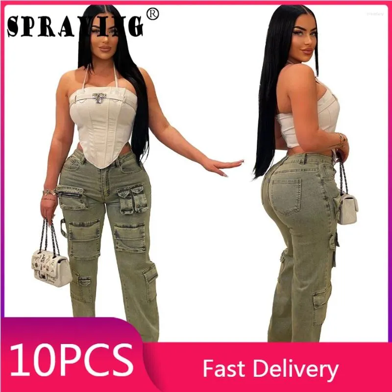 Jeans femininos 5pcs Carga de perna larga para mulheres 2024 bolsos de comprimento total jeans de jeans itens a granel IOTS Y2K Casual Wear Sexy S13395