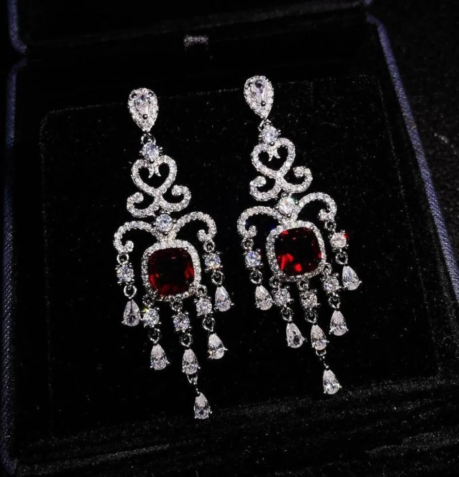 Stud Pigeon Blood Ruby Big Drop Earrings Women Hyperbole Crystal Cubic Silver Color Jewelry Vintage Aretes Fine Wedding PartyStud 5650412