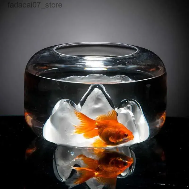 Aquariums Aquariums Creative Snow Mountain Gold Fish Tank Simple Household Glass Fish Tank Tabletop Round Mini Aquarium Living Room Small De