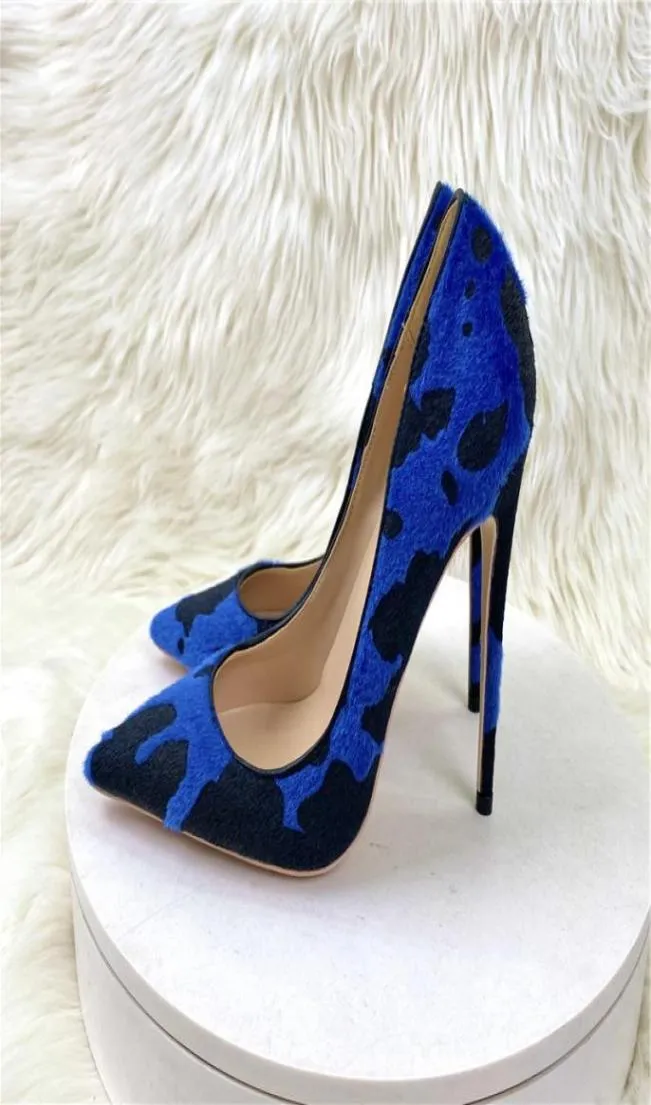 2023 New Luxury Women Shoes Fashion Blue Cow Woman Hairy Flock Pointed Toes High Heel Shoe Comfortable Elegant Ladies Formal Dress9097544