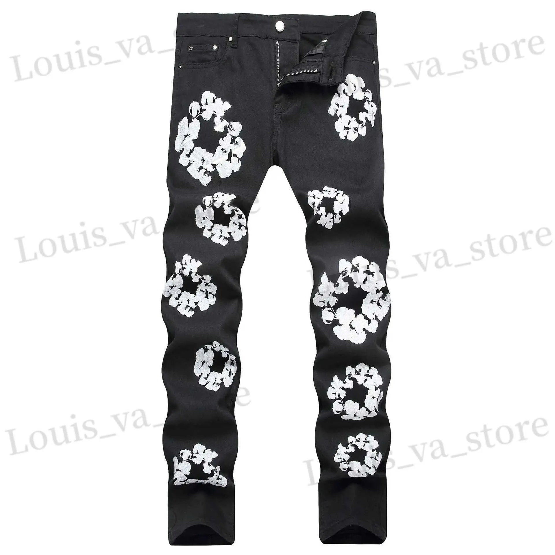 Men's Jeans 2024 Black Mens Flower Printed Jeans Y2k Graphic Denim Harajuku Gothic Mid Waist Straight-leg Pants Man T240419