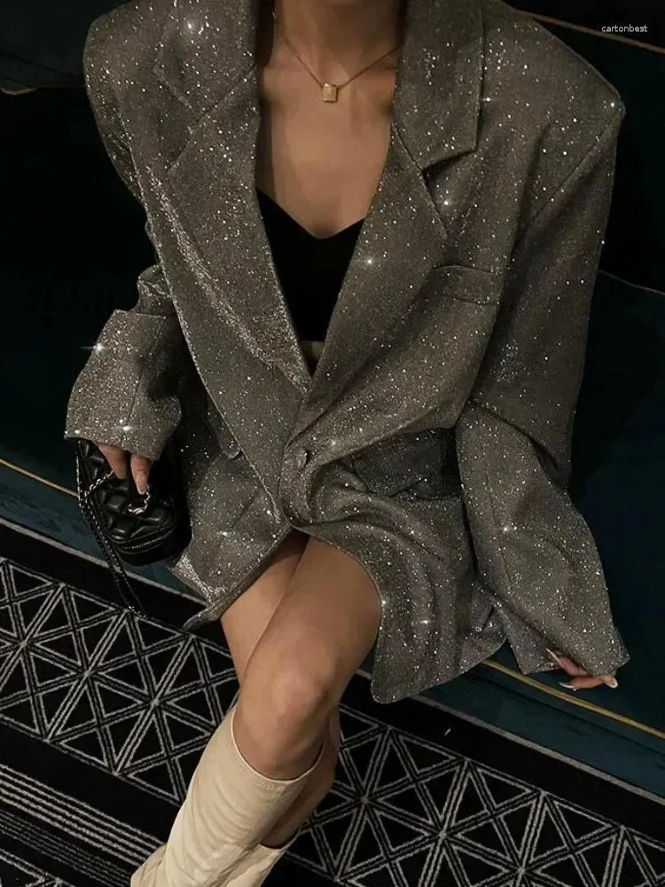 Kombinezony damskie Tossy cekin brokatowy garnitur lapowy dla kobiet luksusowy mody z długim rękawem elegancki błyszczowy płaszcz