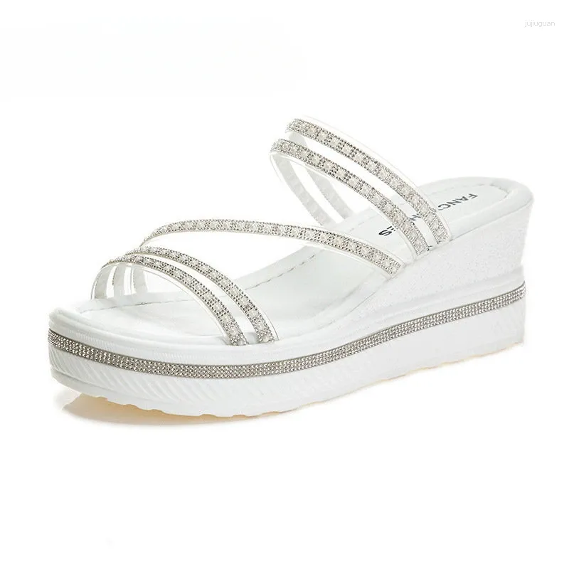 Slippers 7cm sinicéticos de lazer de luxo de luxo sandálias de verão elegância feminino bling plataforma cunha sapatos