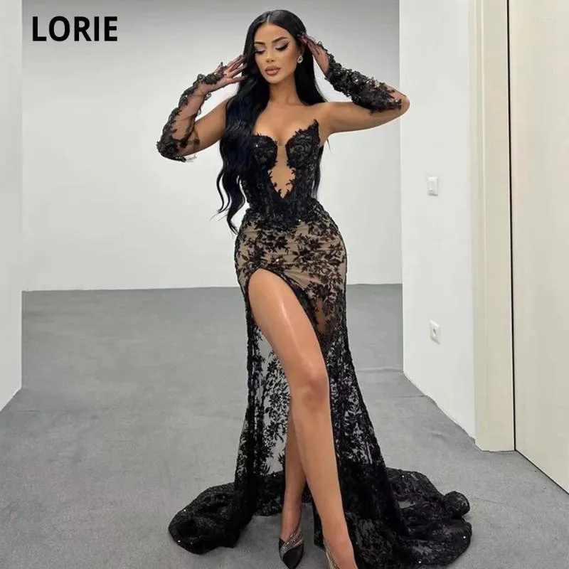 formal dresses with leg slits Long Glitter-Print Prom Dress with Lace-Up Back Black / Small main image 1