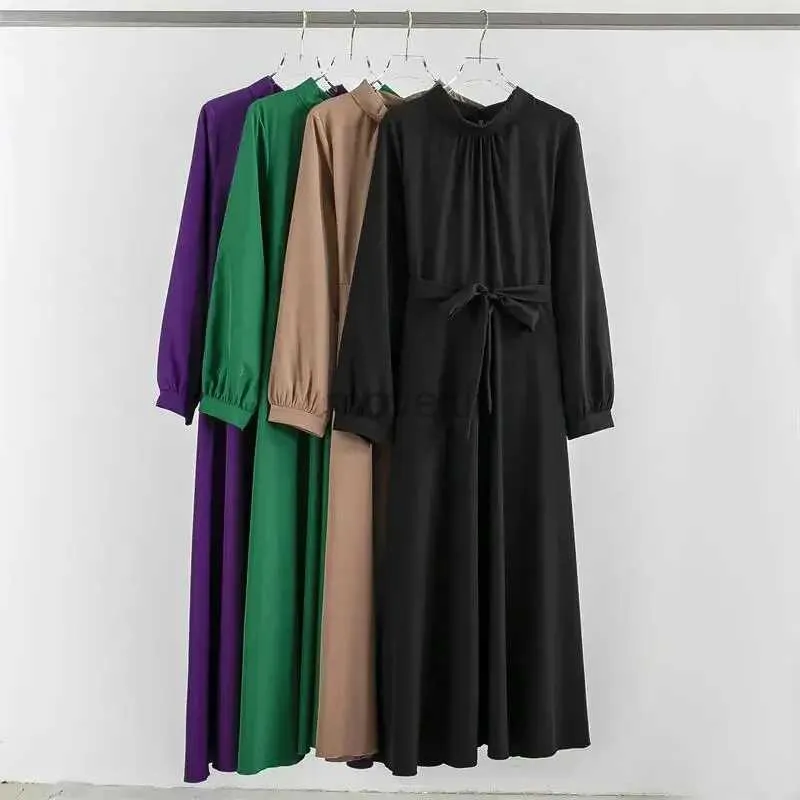 Vêtements ethniques robes musulmanes printemps automne-robe longue mode femelle vintage manche complète solide A-line robe mousseline de mousseline