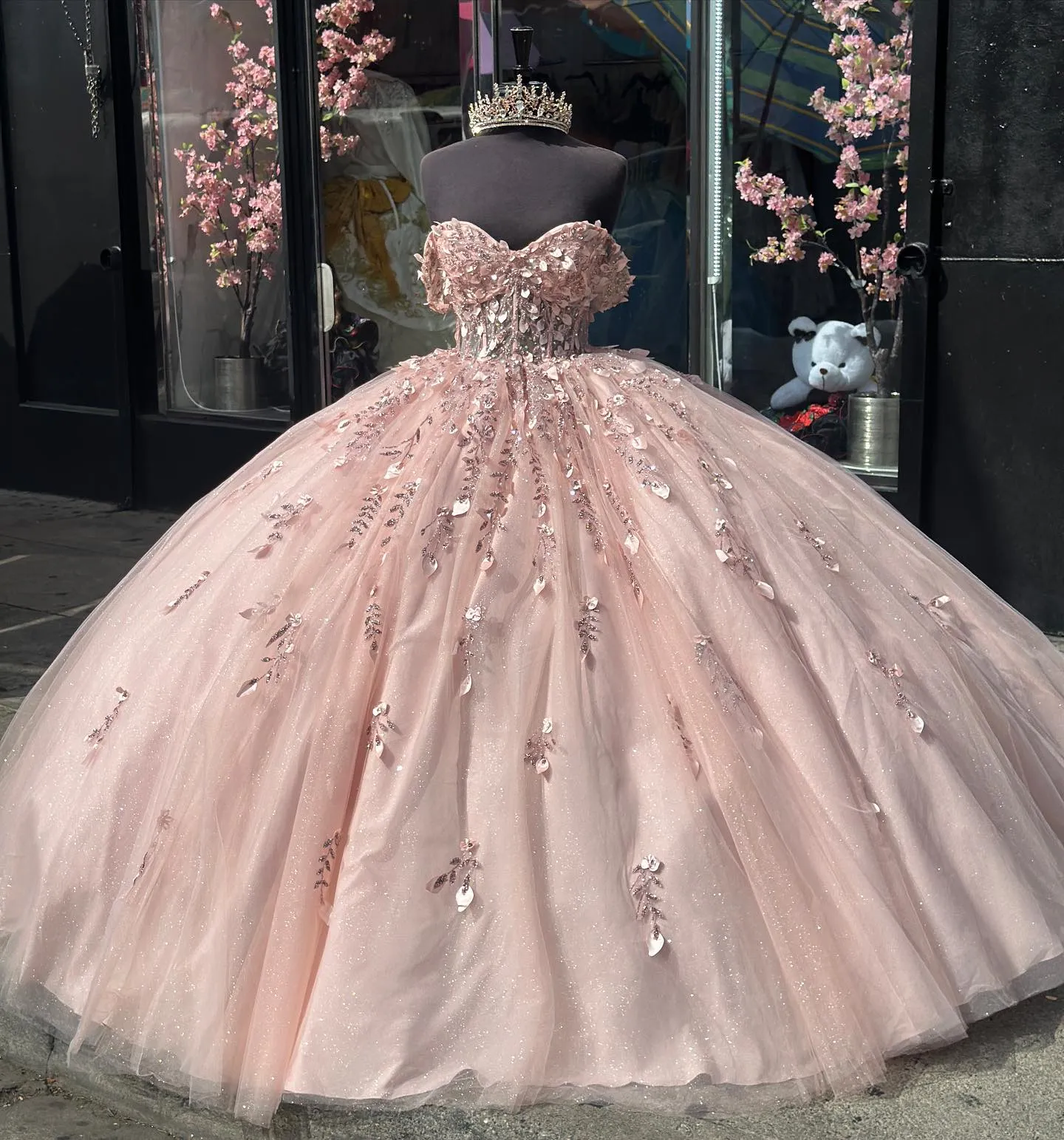 Cute princess quinceanera dresses prom ball gown appliqued off shoulder vestido de quinceanera glitter tulle 15 Masquerade Dress