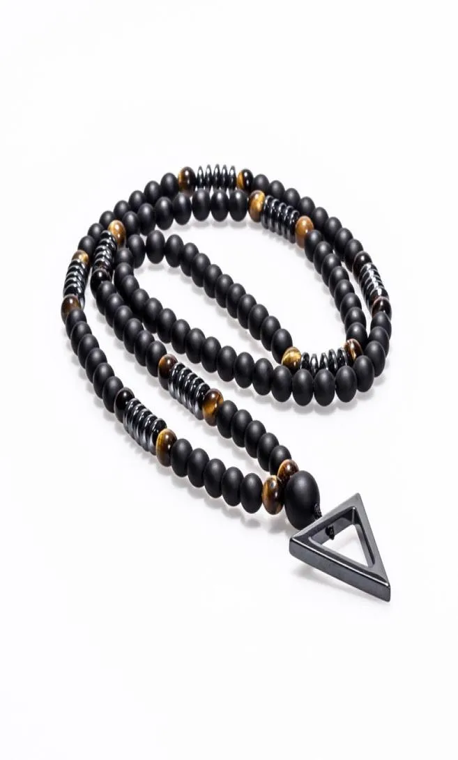 New Design Long Necklace 8MM Tiger Stone Bead Black Men039s Hematite Triangle Pendants Necklace Fashion Geometry Jewelry Gift4032820