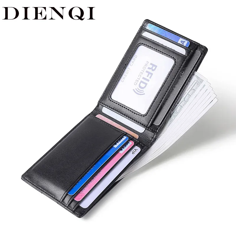 Wallets Dienqi Top Grain Leather Wallets for Men Rfid Blocking Slim 10 Card Holder Bifold Male Billfold Thin Wallet Money Bags Purses