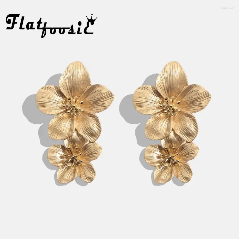 Studörhängen Flatfoosie Fashion Geometric Long For Women Wedding Vintage Flower Gold Color Punk Statement Presents Smycken