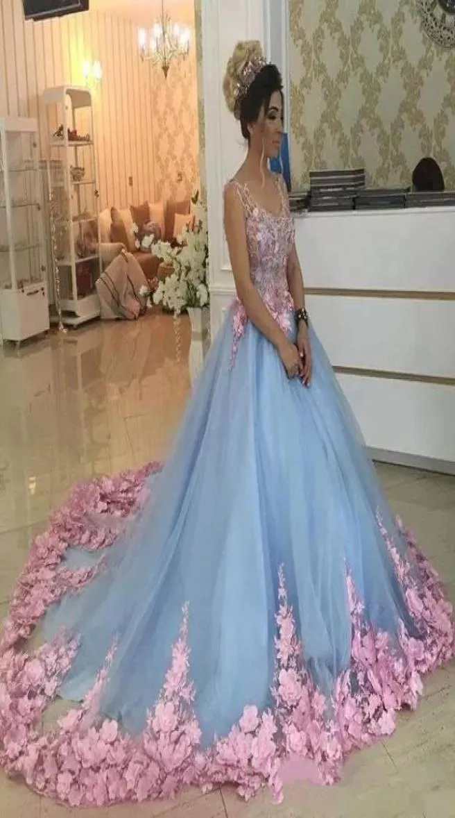 Baby Blue 3D Floral Masquerade Ball Ball Dresses Quinceanera Dresses Luxury Cathedral Train Flowers Prom Volts Sweety Girls 16 Years Dress2997842