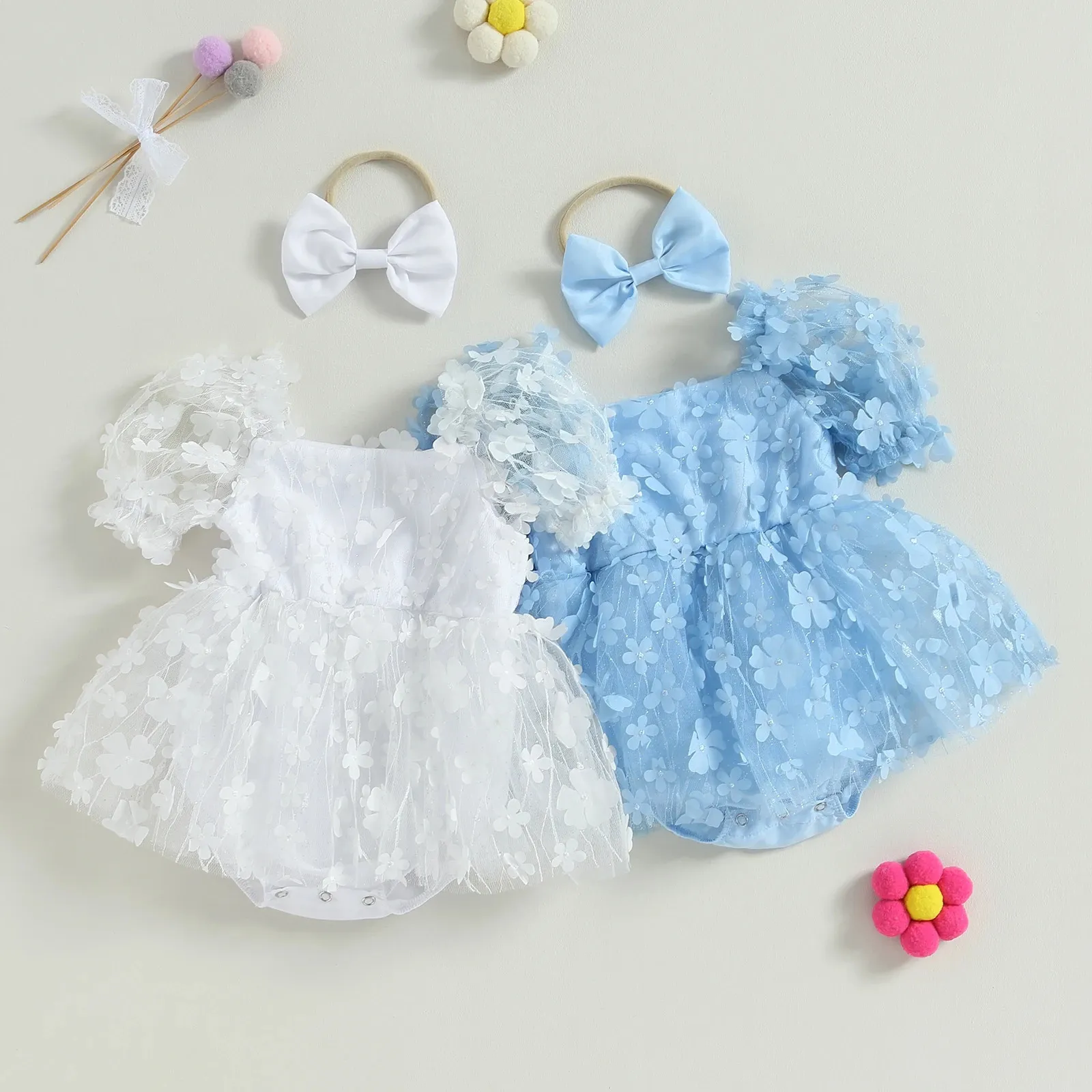 Pudcoco Infant born Baby Girl 2 Piece Outfits Flower Short Sleeve Romper Dress with Cute Headband Set Summer Clothes 018M 240408