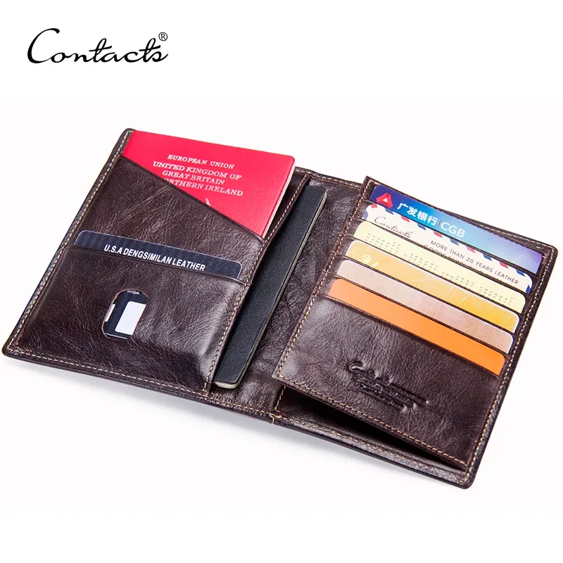 Wallets Contact's Casual Genuine Leather Male Passport Wallet Men's Credit Card Holder Man Passport Cover with Coin Pockets for Travel