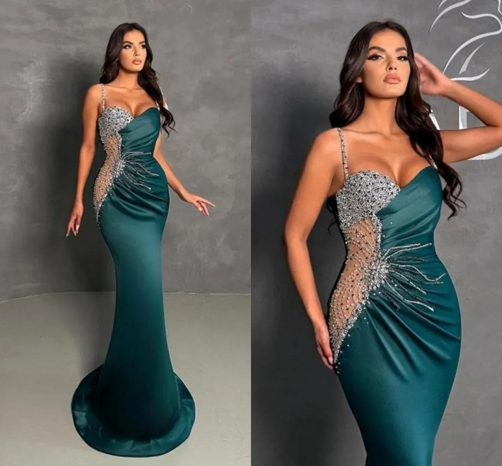 Hunter Green Mermaid Abiti da sera arabo Dubai sexy spaghetti cinghie perle pai paillettes abiti da festa a lunghe parti del ballo di laurea indossano bc18663