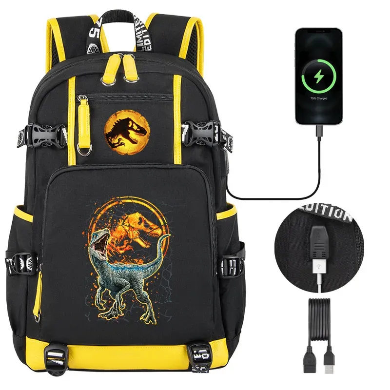 Bags Jurassic Park Dinosaur Magma Children Backpack USB Capacidade de grande capacidade Garoto Menina da bolsa escolar Men Bag de laptop