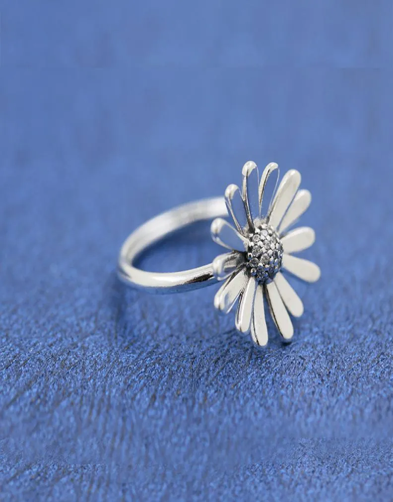 High quality 100% 925 Sterling Silver Pave Daisy Flower Statement Ring European Style Jewelry Charm4989495