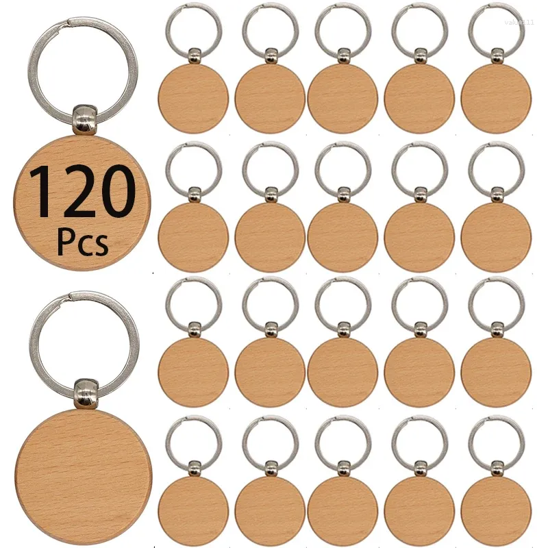 Keychains 120Pcs Round Wooden Keychain Blank Wood Pendant Key Chain Ring