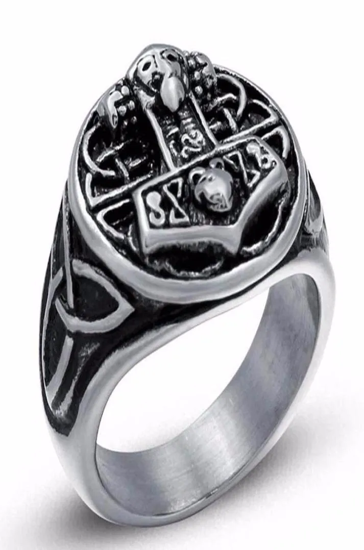 Bijoux de mode 2018 Bague Odin 039S Symbole de Norse Viking Hammer Ring Biker Rings en acier inoxydable pour hommes 6C02745642010