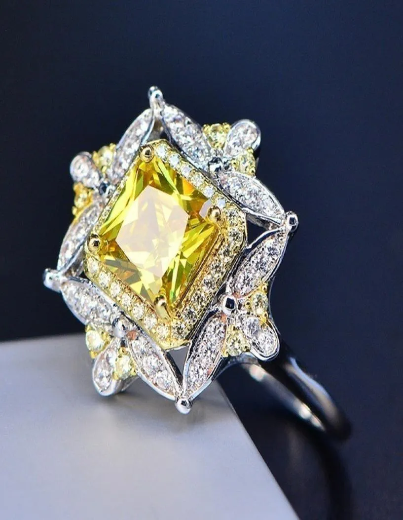 Zhenrong wish sells new yellow diamond princess square diamond ring European and American luxury party engagement ring silver jewe3426838