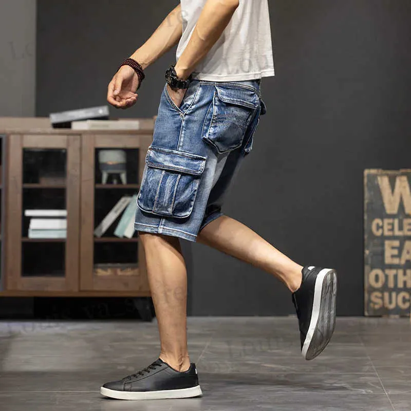 Heren shorts lading man denim shorts kn lengte half lange Bermuda korte jeans broek voor mannen met zakken blauwe luxe jorts dunne strtwear xl t240419