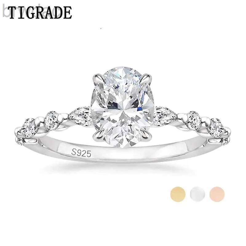 ソリティアリングTigrade 3ct 925 Sterling Silver Ring Oval Cut Cubic Zirconia Engagement Rings Solitaire Halo Promise Ring for WomenサイズD240419