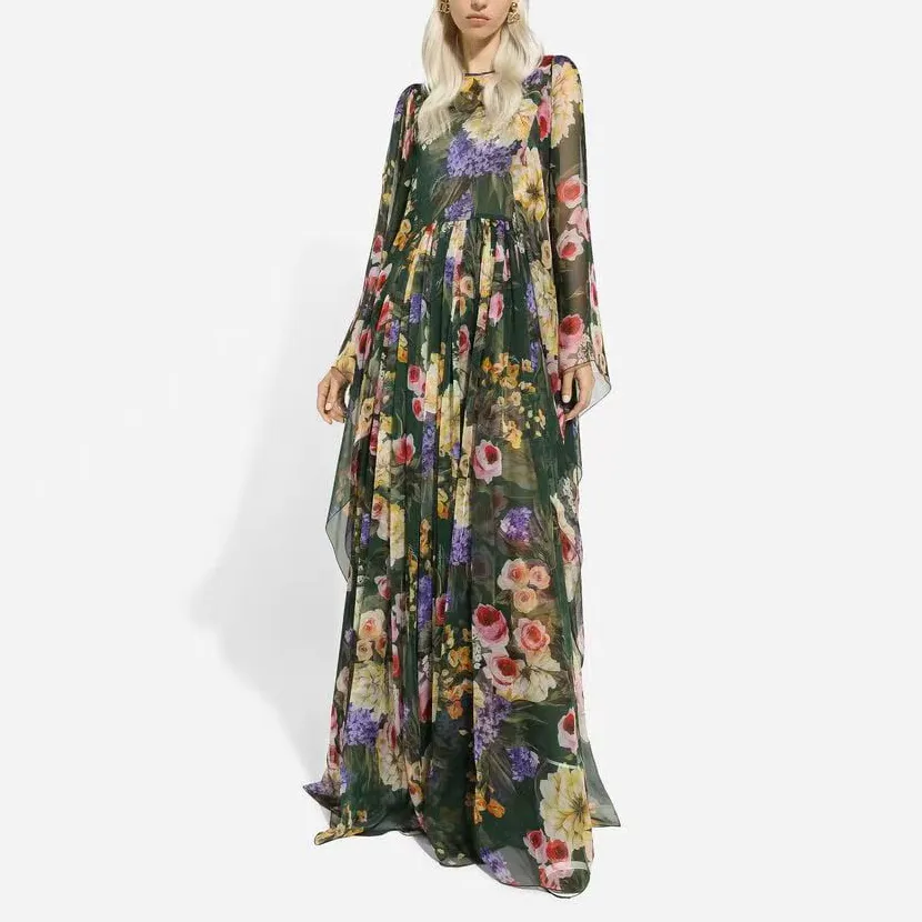 Damenkleid grünes floralgedrucktes Langarm großes Saum -Long -Kleid