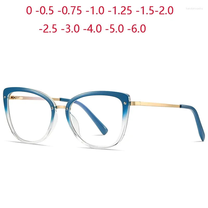 Lunettes de soleil Transparent Blue Cat Cat Eye Myopia Glasse Femmes Anti Rays Prescription Étudiant Spectacles Diopter 0 -0,5 -0,75 à -6.0