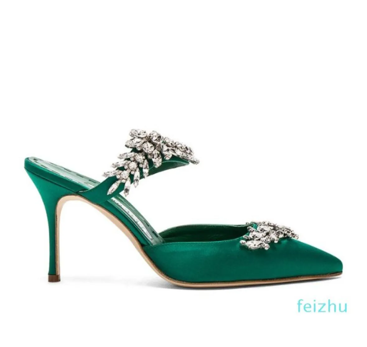 Shoes Fashion Pumps Lurum Green Satin Crystal Embellished Mules Wedding Party 90mm Heel Jewel Leaf6274442