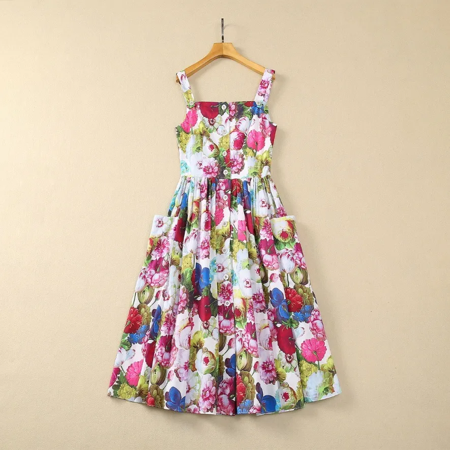 Summer Multicolor Floral Print Paneled Dress Spaghetti Strap slash Neck Double Pockets Midi Casual Dresses S4M110306 Plus Size XXL