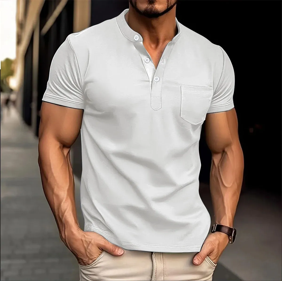 Summer New Horse Jersey Mens Casual Polo Pocket V Budle Business Couleur solide avec T-shirt Top 240415