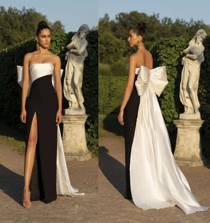 Modest BlackWhite Evening Dresses Long Side Split Sexy Prom Gowns with Bow Strapless Maid of Honor Party Dress1048721