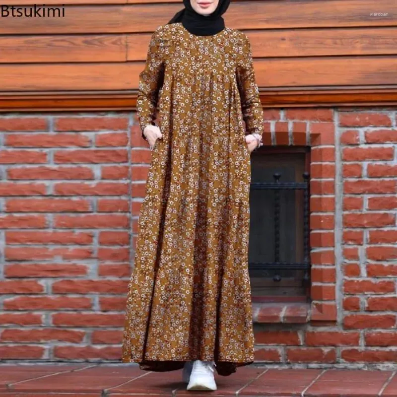 エスニック服の女性マキシドレスEidイスラム教徒のアバヤO-ネックプリントロングスカート