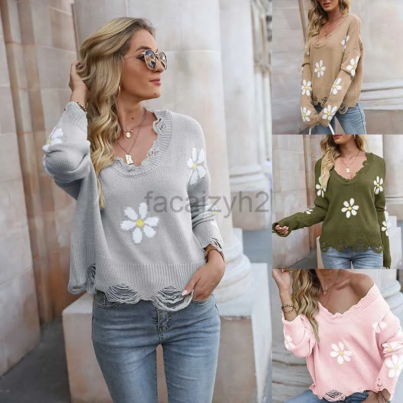 Women's Sweaters Autumn/Winter New Broken Long Sleeve Loose knit Small Flower V-neck Pullover Sweater fashion T Shirt tops