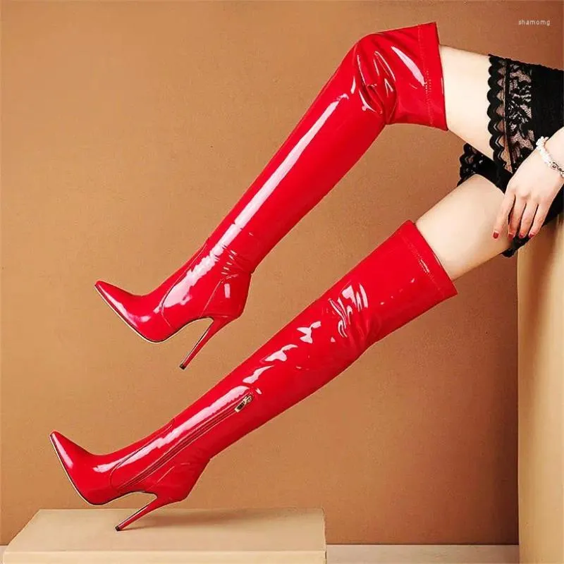 Boots Sexy Party Pumps dames lakleer over de kniefel hoge stiletto's rijden 33 34 44 45