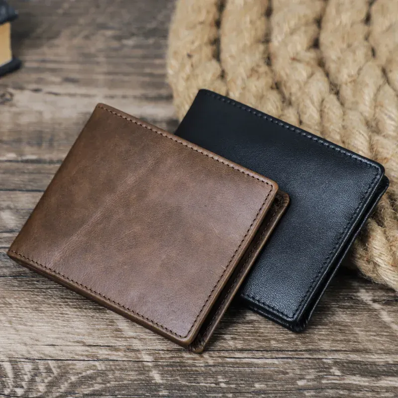 Portfele górna warstwa krowika pozioma torba na kartę portfela z mocnym magnetycznym przyciskiem swobodnym ultracieńskim portfelem mężczyzn