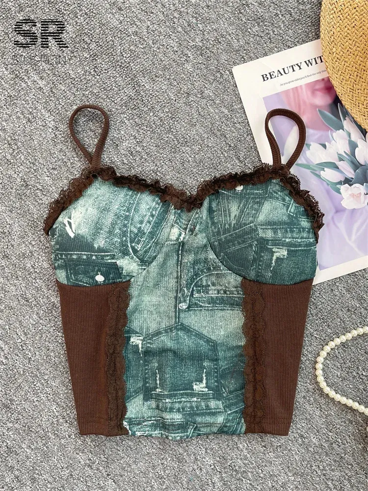 Singreiny Patchwork Lace Backless Camisole Femmes Imprimé rétro-taille élastique Fashion Fashion Fashion Casual Summer Brown Top 240415