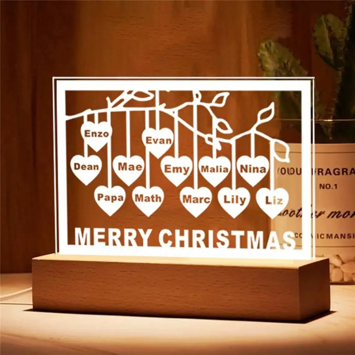 Personalisierte Family Tree Night Light Heart Names bis zu 12 Namen USB -LED -Holzbasislampe für Muttertag Weihnachten Mom Geschenk 240403