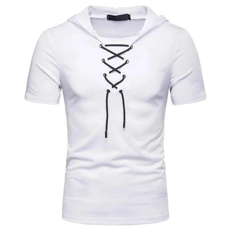 Nya europeiska och amerikanska mens hoodie Loose Tie Up Hip-Hop Casual Short Sleeved T-shirt 240415