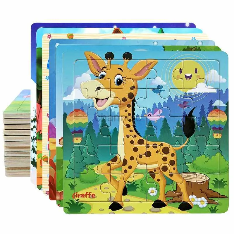 3D -Rätsel 20Piece Holz Puzzle Cartoon Tiere Auto Buchstaben Zahlenmuster Jigsaw Rätsel Spiel Kinder Bildungslernspielzeug für Kinder 240419