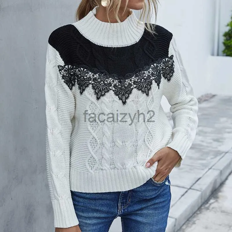 Women's Sweaters Casual loose fitting half turtleneck sweater contrast lace stitching women's long sleeve T-shirt Plus Size T Shirt tops