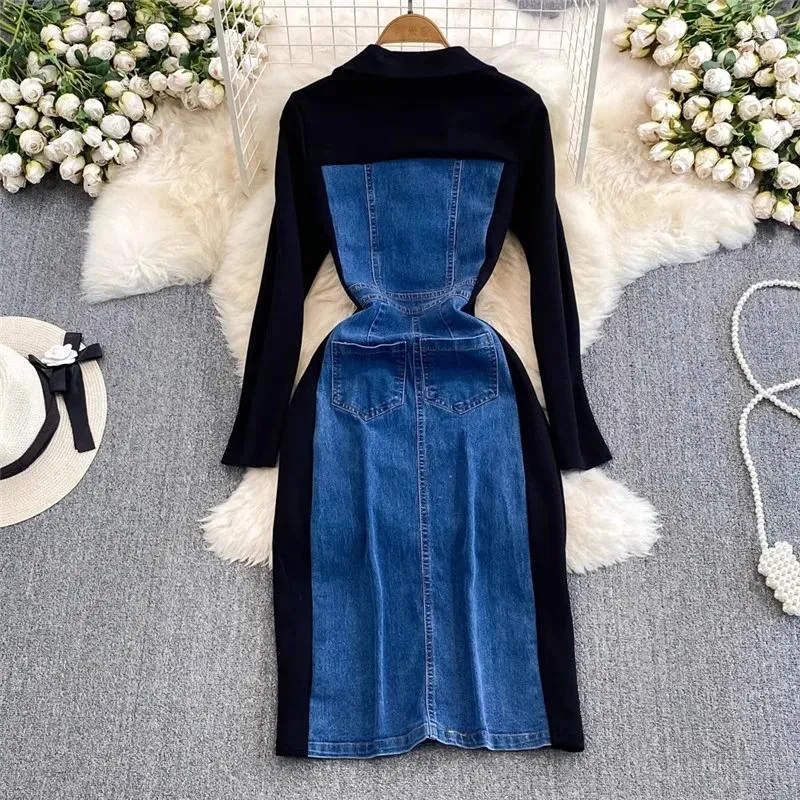 Casual Patchwork Contrast V Neck Long Sleeve Dresses Casual Patchwork Contrast V Neck Long Sleeve Dresses