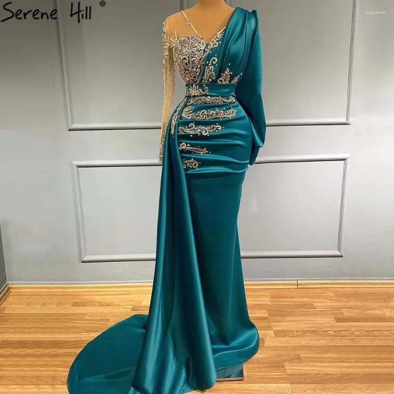 Платья для вечеринок Serene Hill Dark Green Mermaid Satin Evening Howns Мусульманские элегантные роскоши бисера 2024 для женщин GLA71370