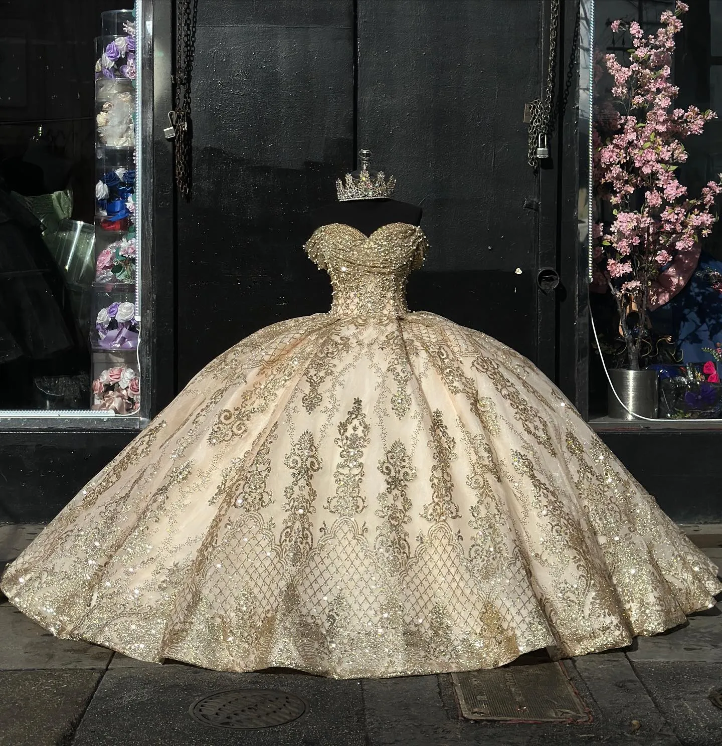 Gold Off Shoulder Quinceanera Dresses Sequin Lace Ball Gown for Masquerade