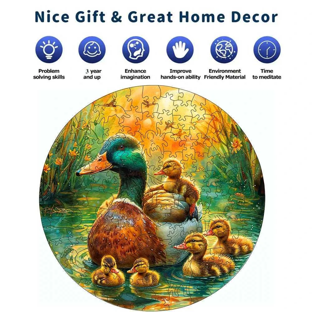 3D Puzzles Wooden Animal Jigsaw Puzzle Duck Shape Family Interactive Game Educational Toy for Kids and Adult Irregular Shapes Birthday Gift 240419