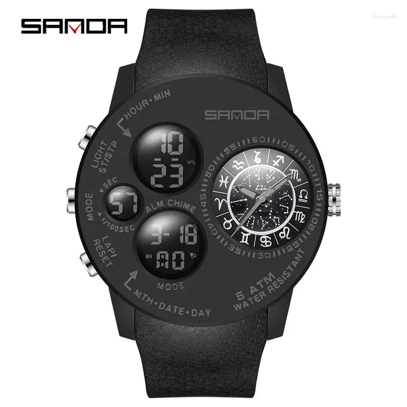 Montre-bracelets Sanda 6036 Affichage numérique créatif de montre électronique pour hommes avec bracelet en silicone pour les montres masculines Cadeau