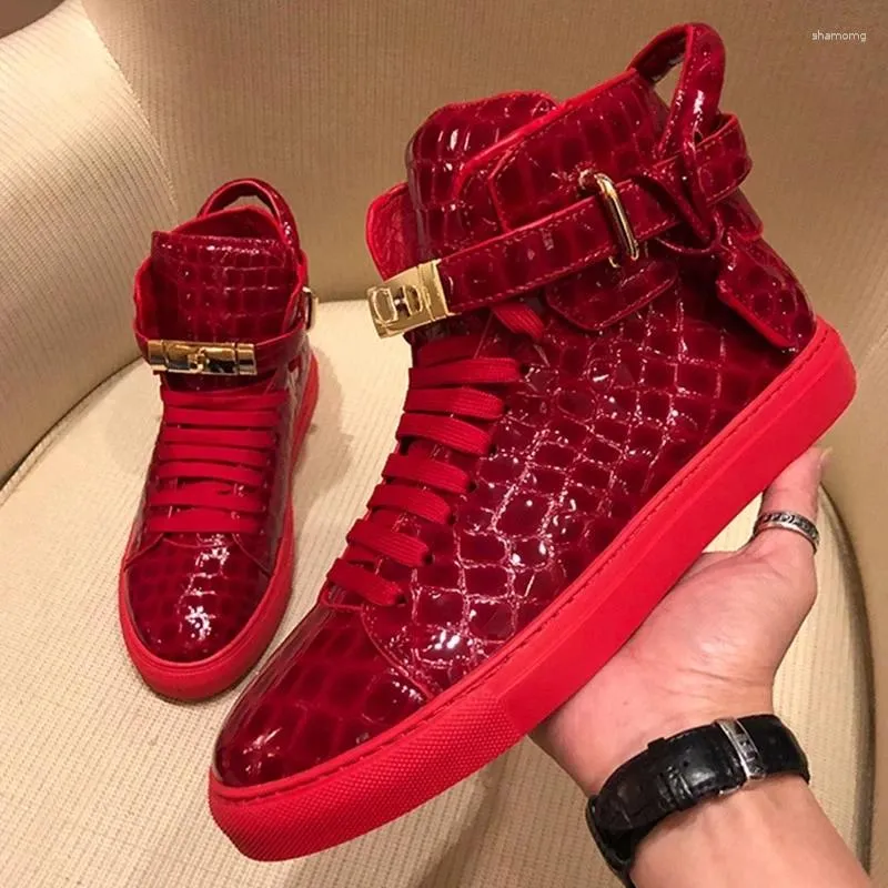 Casual Shoes Men Embossed High Top Sneakers Lock Lace Red Metal Real Leather Designer Flat Platform