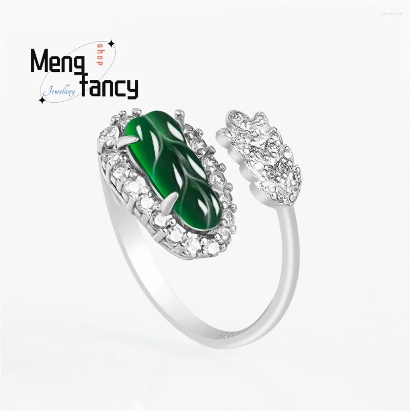 Cluster Rings S925 Silver Natural A-goods Jadeite Leaves Jade Adjustable Ring Exquisite Elegant Sexy Young Girls Fashion Luxury Jewelry