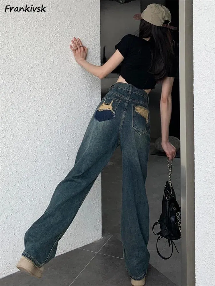 Kvinnors jeans kvinnor rippade baggy kontrastfärg hög midja all-match amerikansk stil vintage denim byxor mode ungdomlig höst dagligen